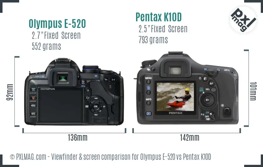 Olympus E-520 vs Pentax K10D Screen and Viewfinder comparison