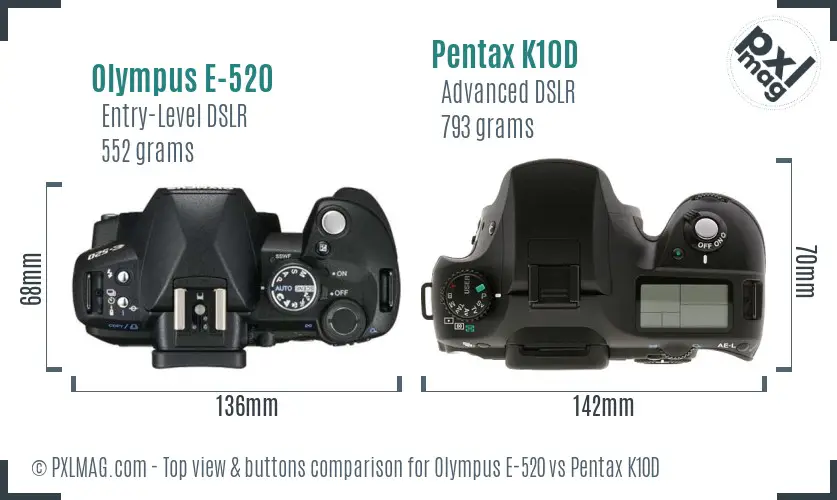 Olympus E-520 vs Pentax K10D top view buttons comparison