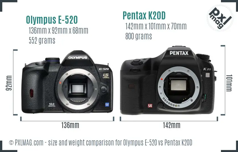 Olympus E-520 vs Pentax K20D size comparison