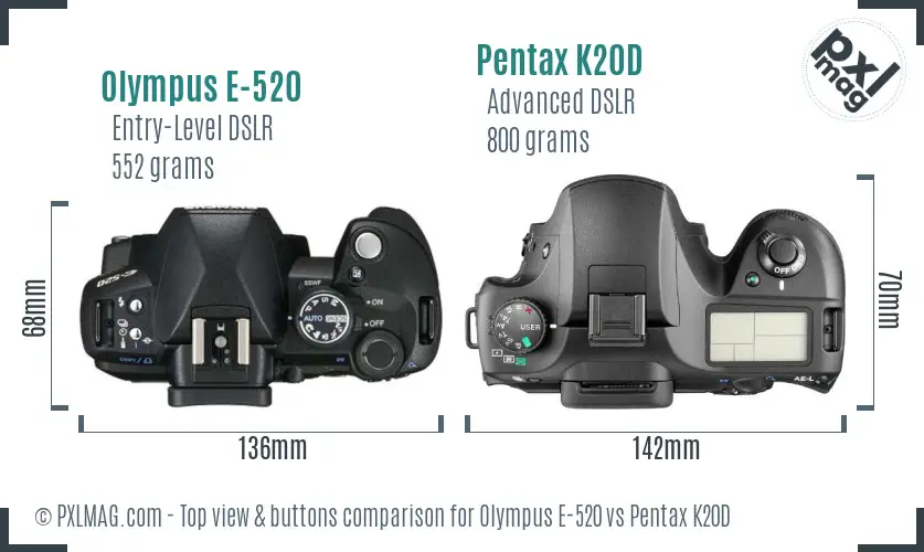 Olympus E-520 vs Pentax K20D top view buttons comparison
