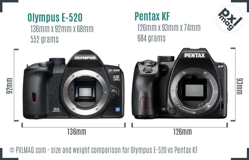 Olympus E-520 vs Pentax KF size comparison