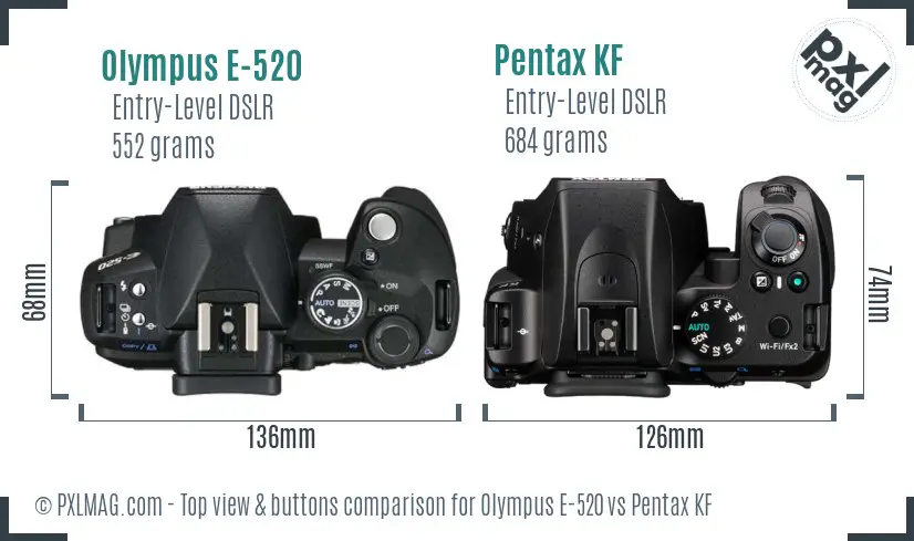 Olympus E-520 vs Pentax KF top view buttons comparison
