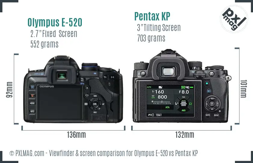 Olympus E-520 vs Pentax KP Screen and Viewfinder comparison