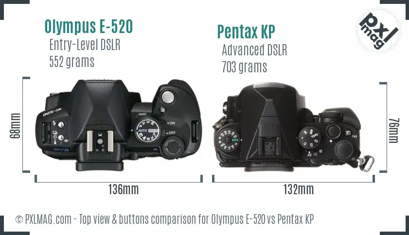 Olympus E-520 vs Pentax KP top view buttons comparison