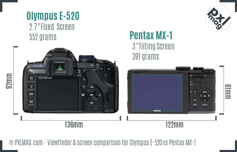 Olympus E-520 vs Pentax MX-1 Screen and Viewfinder comparison