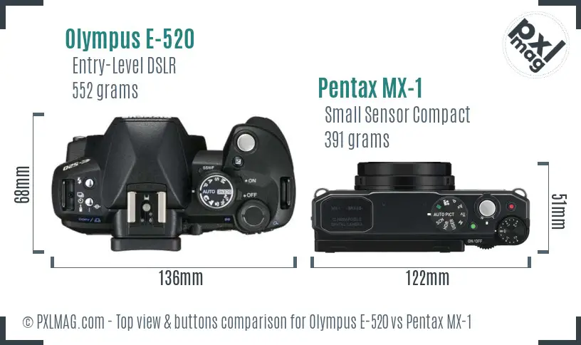 Olympus E-520 vs Pentax MX-1 top view buttons comparison
