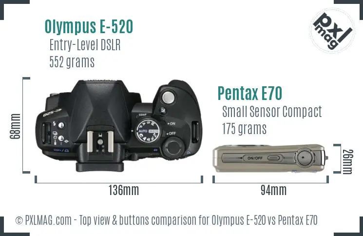 Olympus E-520 vs Pentax E70 top view buttons comparison