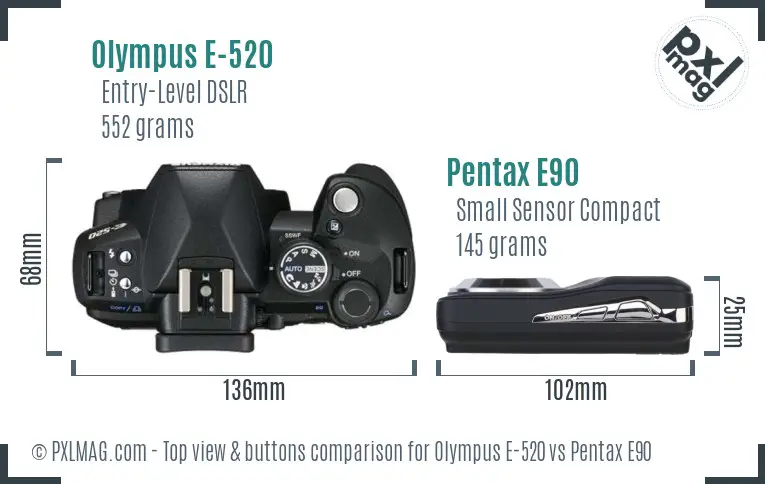 Olympus E-520 vs Pentax E90 top view buttons comparison