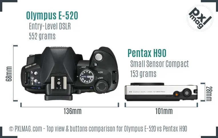 Olympus E-520 vs Pentax H90 top view buttons comparison
