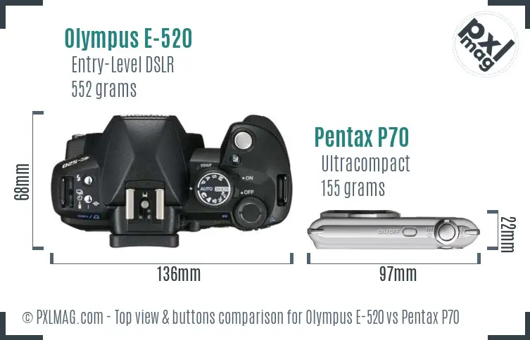 Olympus E-520 vs Pentax P70 top view buttons comparison