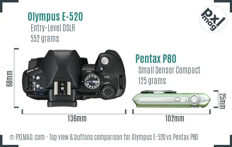 Olympus E-520 vs Pentax P80 top view buttons comparison