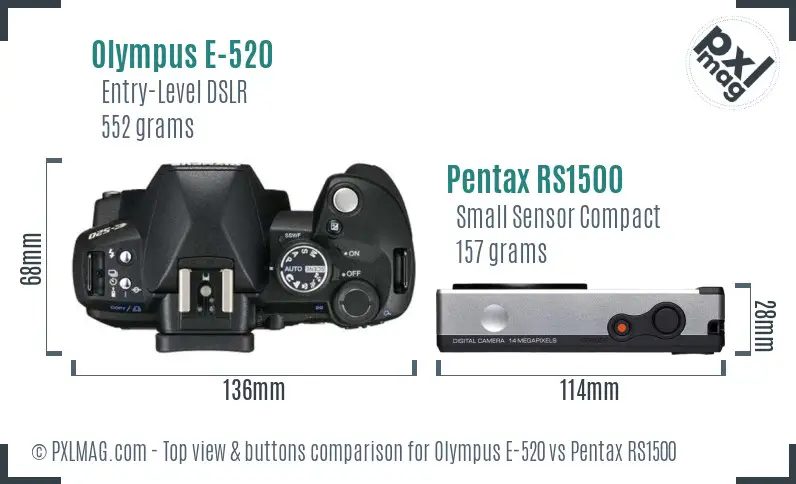 Olympus E-520 vs Pentax RS1500 top view buttons comparison