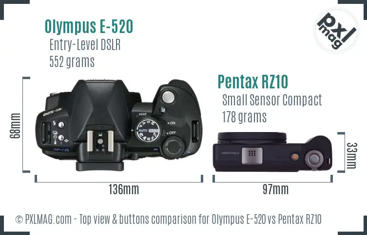 Olympus E-520 vs Pentax RZ10 top view buttons comparison