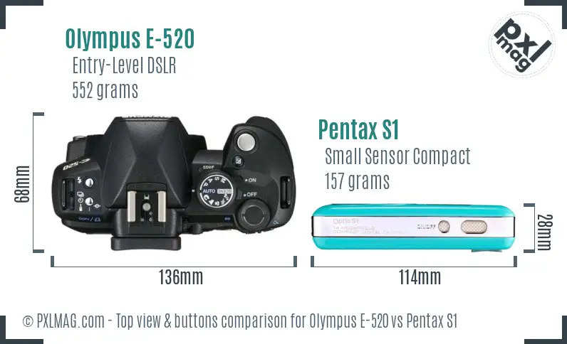 Olympus E-520 vs Pentax S1 top view buttons comparison