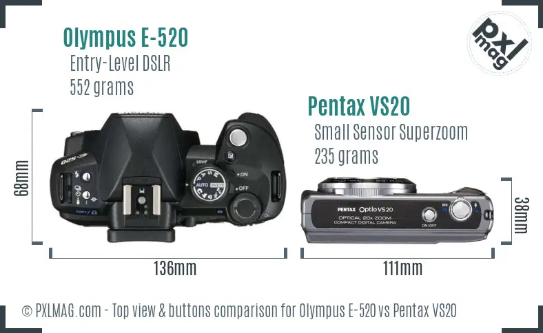 Olympus E-520 vs Pentax VS20 top view buttons comparison