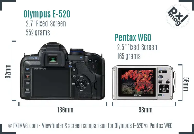 Olympus E-520 vs Pentax W60 Screen and Viewfinder comparison
