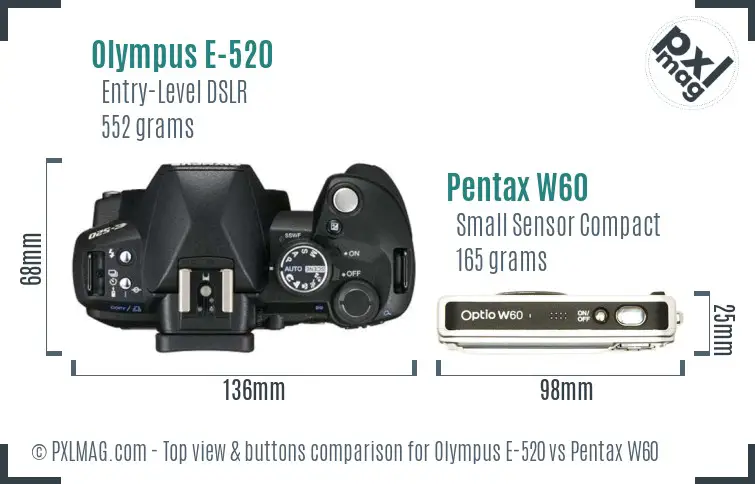 Olympus E-520 vs Pentax W60 top view buttons comparison