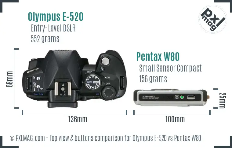 Olympus E-520 vs Pentax W80 top view buttons comparison