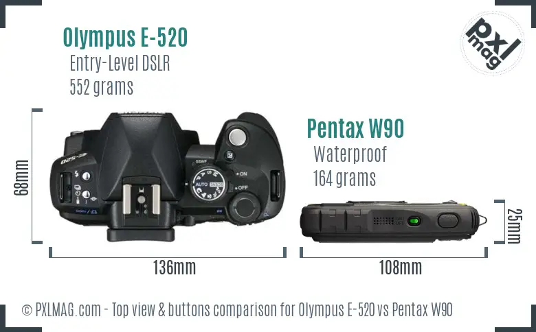 Olympus E-520 vs Pentax W90 top view buttons comparison