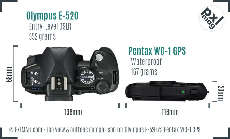 Olympus E-520 vs Pentax WG-1 GPS top view buttons comparison