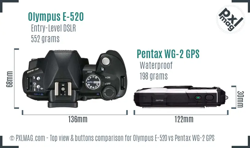 Olympus E-520 vs Pentax WG-2 GPS top view buttons comparison