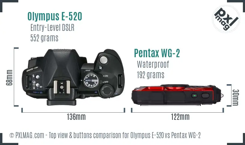 Olympus E-520 vs Pentax WG-2 top view buttons comparison