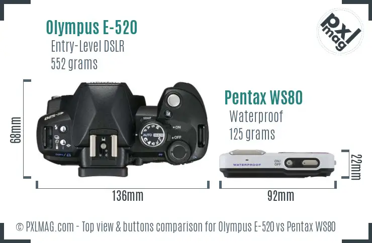 Olympus E-520 vs Pentax WS80 top view buttons comparison
