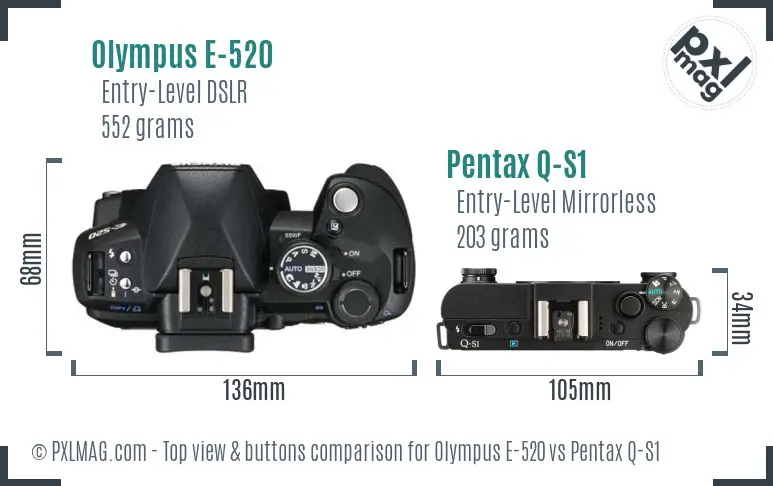 Olympus E-520 vs Pentax Q-S1 top view buttons comparison