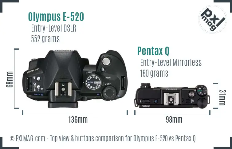 Olympus E-520 vs Pentax Q top view buttons comparison