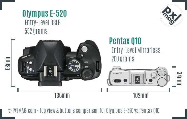 Olympus E-520 vs Pentax Q10 top view buttons comparison