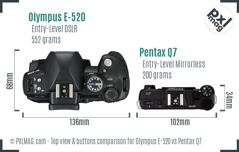 Olympus E-520 vs Pentax Q7 top view buttons comparison