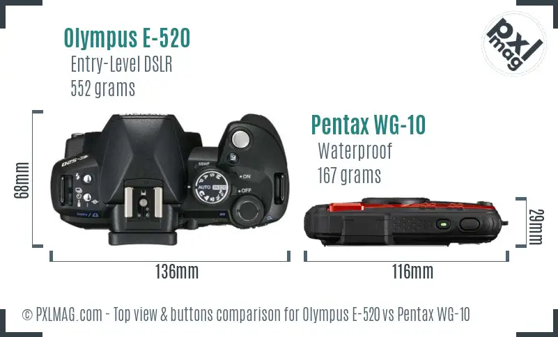 Olympus E-520 vs Pentax WG-10 top view buttons comparison
