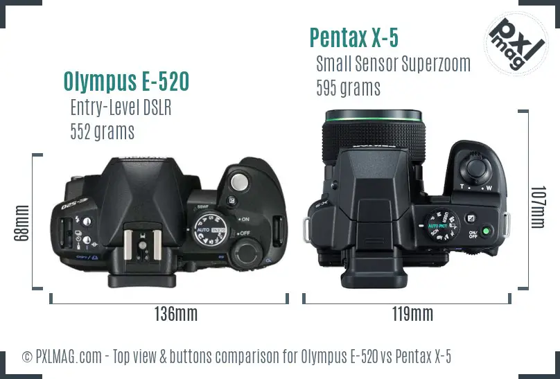 Olympus E-520 vs Pentax X-5 top view buttons comparison