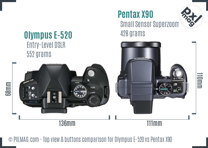 Olympus E-520 vs Pentax X90 top view buttons comparison