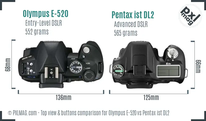 Olympus E-520 vs Pentax ist DL2 top view buttons comparison