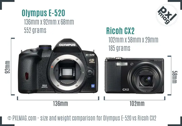 Olympus E-520 vs Ricoh CX2 size comparison