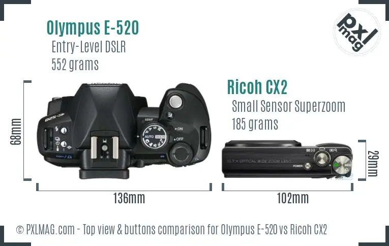 Olympus E-520 vs Ricoh CX2 top view buttons comparison