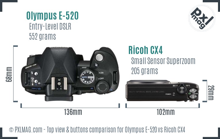Olympus E-520 vs Ricoh CX4 top view buttons comparison