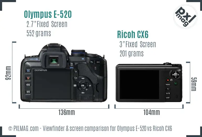 Olympus E-520 vs Ricoh CX6 Screen and Viewfinder comparison Olympus E-520 vs Ricoh CX6 Screen and Viewfinder comparison