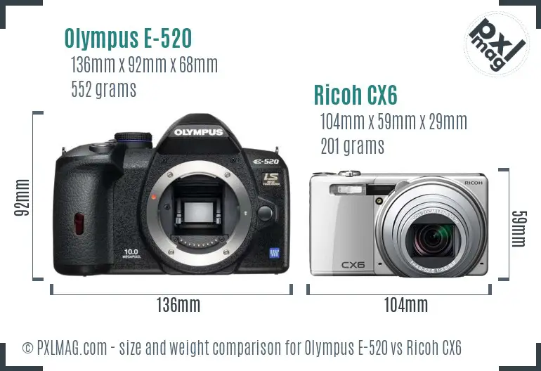 Olympus E-520 vs Ricoh CX6 size comparison Olympus E-520 vs Ricoh CX6 size comparison