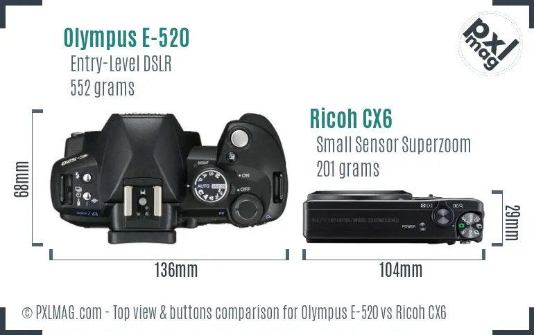 Olympus E-520 vs Ricoh CX6 top view buttons comparison Olympus E-520 vs Ricoh CX6 top view buttons comparison