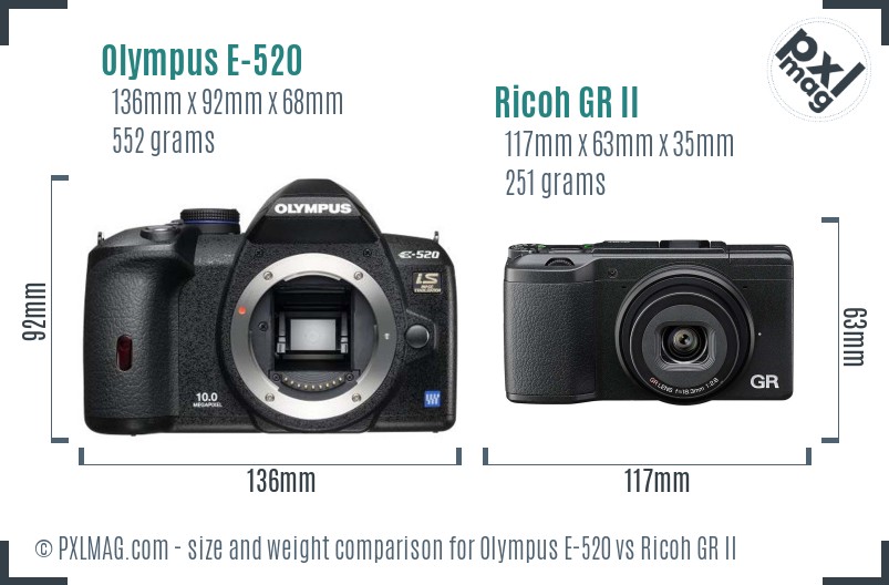 Olympus E-520 vs Ricoh GR II size comparison Olympus E-520 vs Ricoh GR II size comparison