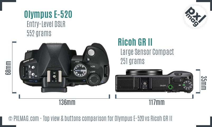Olympus E-520 vs Ricoh GR II top view buttons comparison