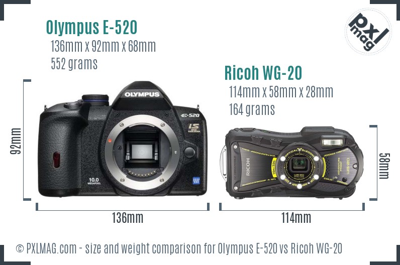 Olympus E-520 vs Ricoh WG-20 size comparison
