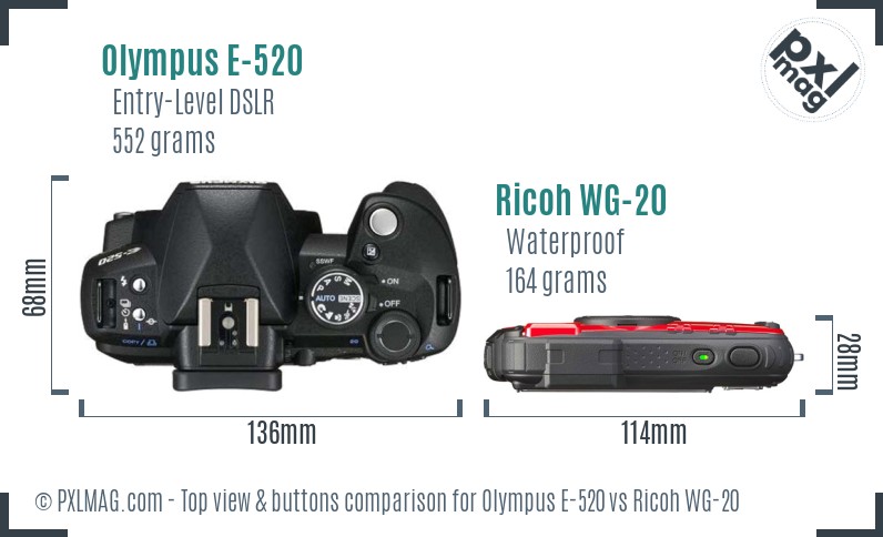 Olympus E-520 vs Ricoh WG-20 top view buttons comparison