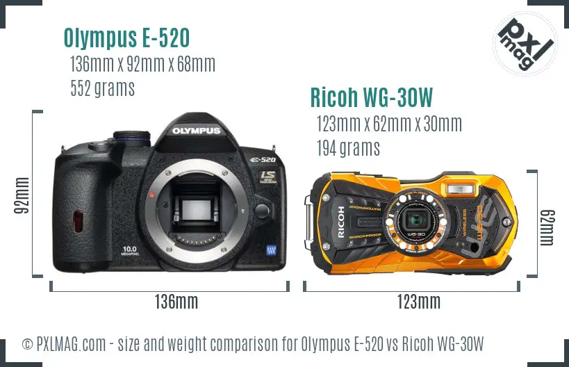 Olympus E-520 vs Ricoh WG-30W size comparison