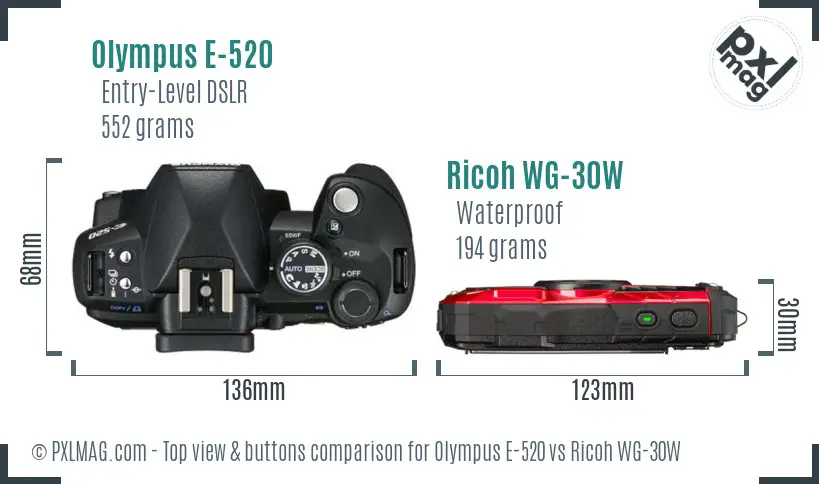 Olympus E-520 vs Ricoh WG-30W top view buttons comparison
