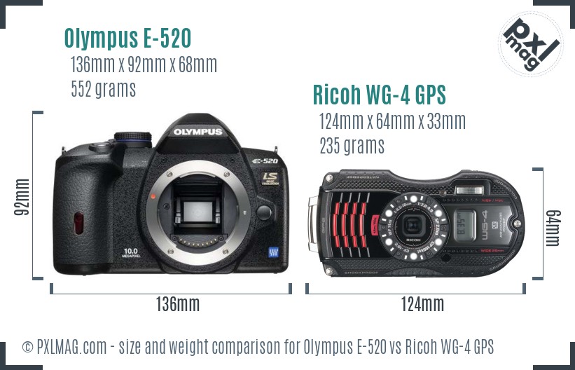 Olympus E-520 vs Ricoh WG-4 GPS size comparison Olympus E-520 vs Ricoh WG-4 GPS size comparison