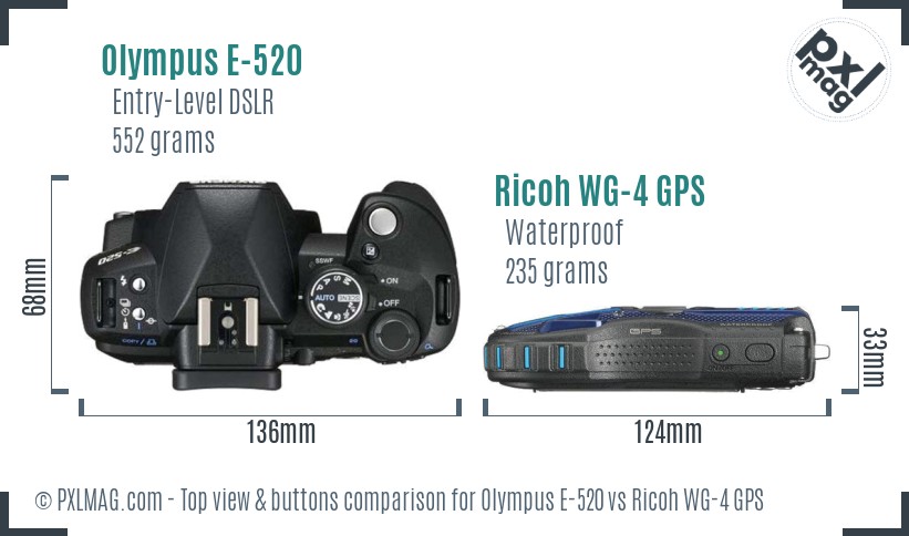 Olympus E-520 vs Ricoh WG-4 GPS top view buttons comparison