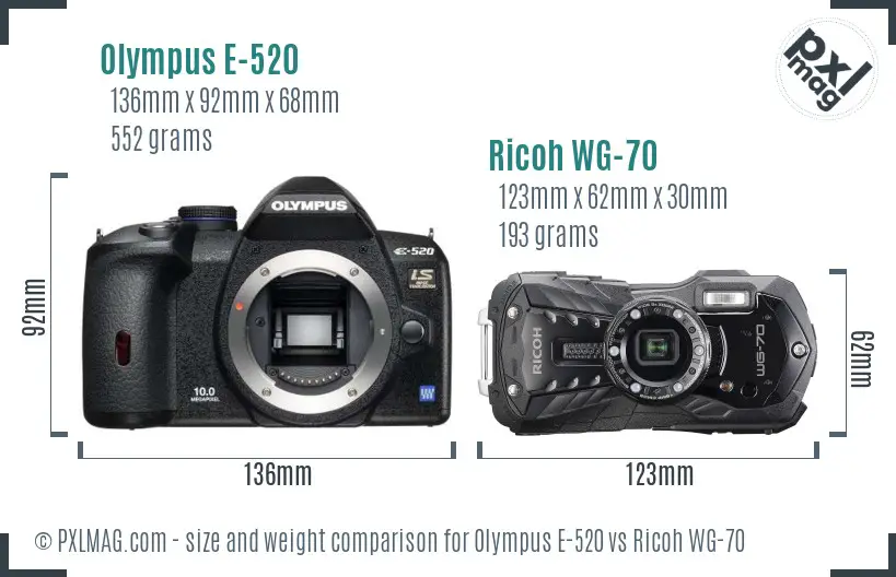 Olympus E-520 vs Ricoh WG-70 size comparison Olympus E-520 vs Ricoh WG-70 size comparison